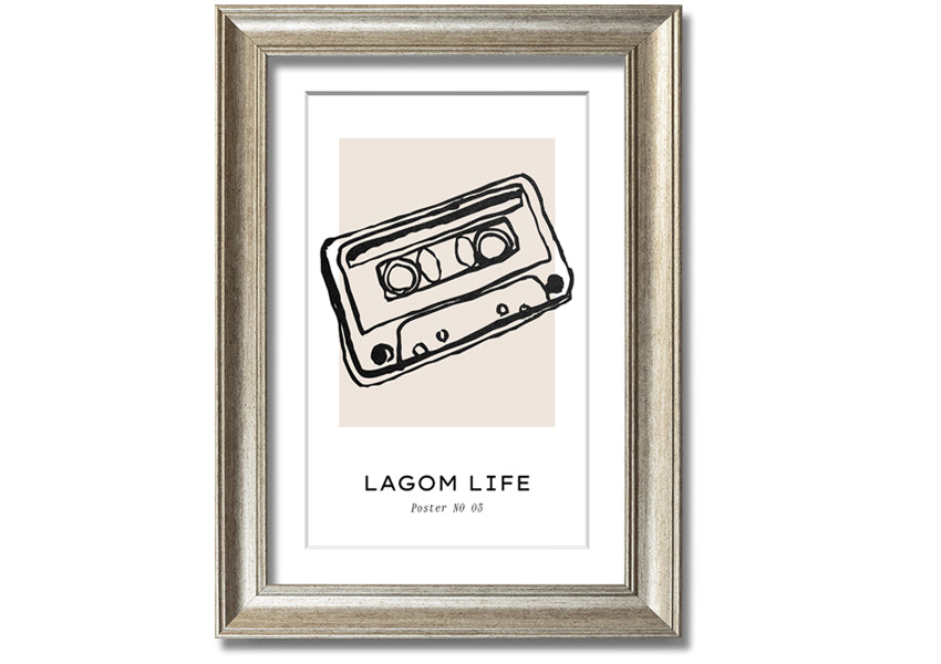 Cassette Retro framed print in multiple frame colors, showcasing a vintage cassette design, ready to hang.