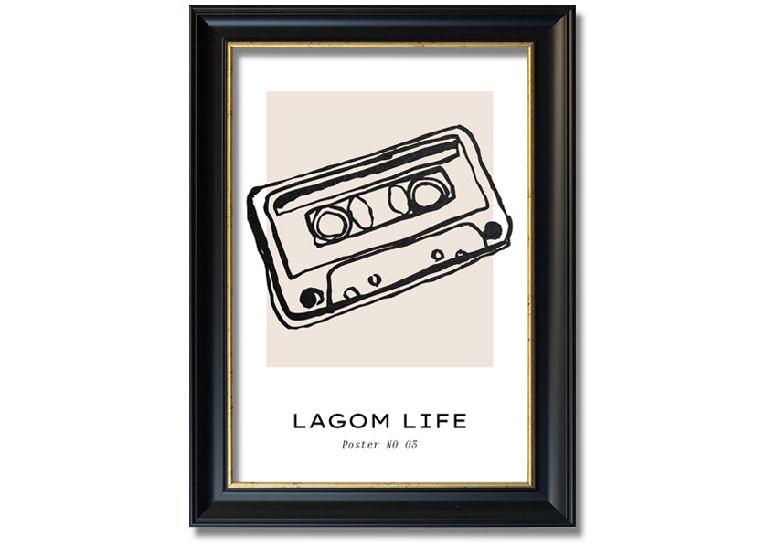 Cassette Retro framed print in multiple frame colors, showcasing a vintage cassette design, ready to hang.