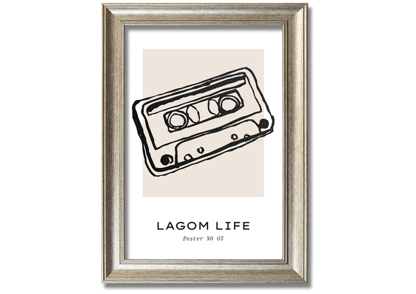 Cassette Retro framed print in multiple frame colors, showcasing a vintage cassette design, ready to hang.