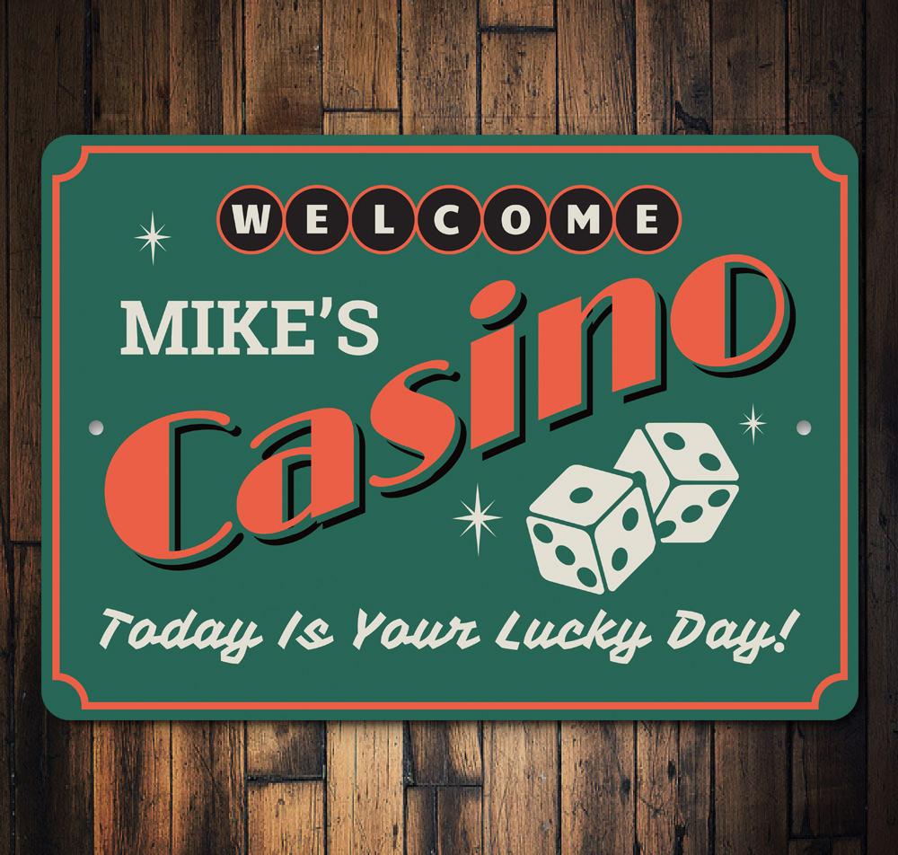 A vibrant Casino Welcome Sign made of high-quality aluminum, featuring customizable text and pre-drilled holes for easy mounting.