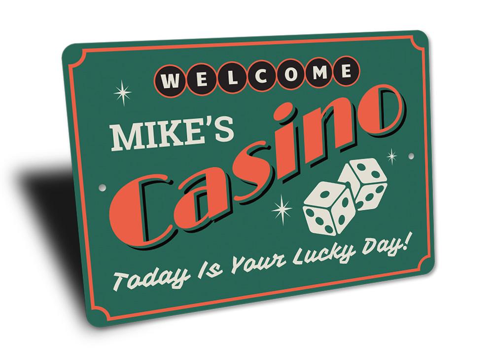 A vibrant Casino Welcome Sign made of high-quality aluminum, featuring customizable text and pre-drilled holes for easy mounting.