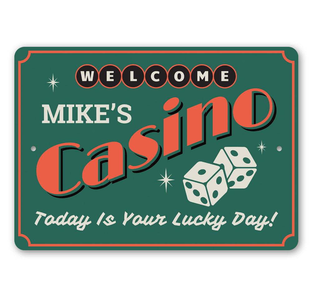 A vibrant Casino Welcome Sign made of high-quality aluminum, featuring customizable text and pre-drilled holes for easy mounting.