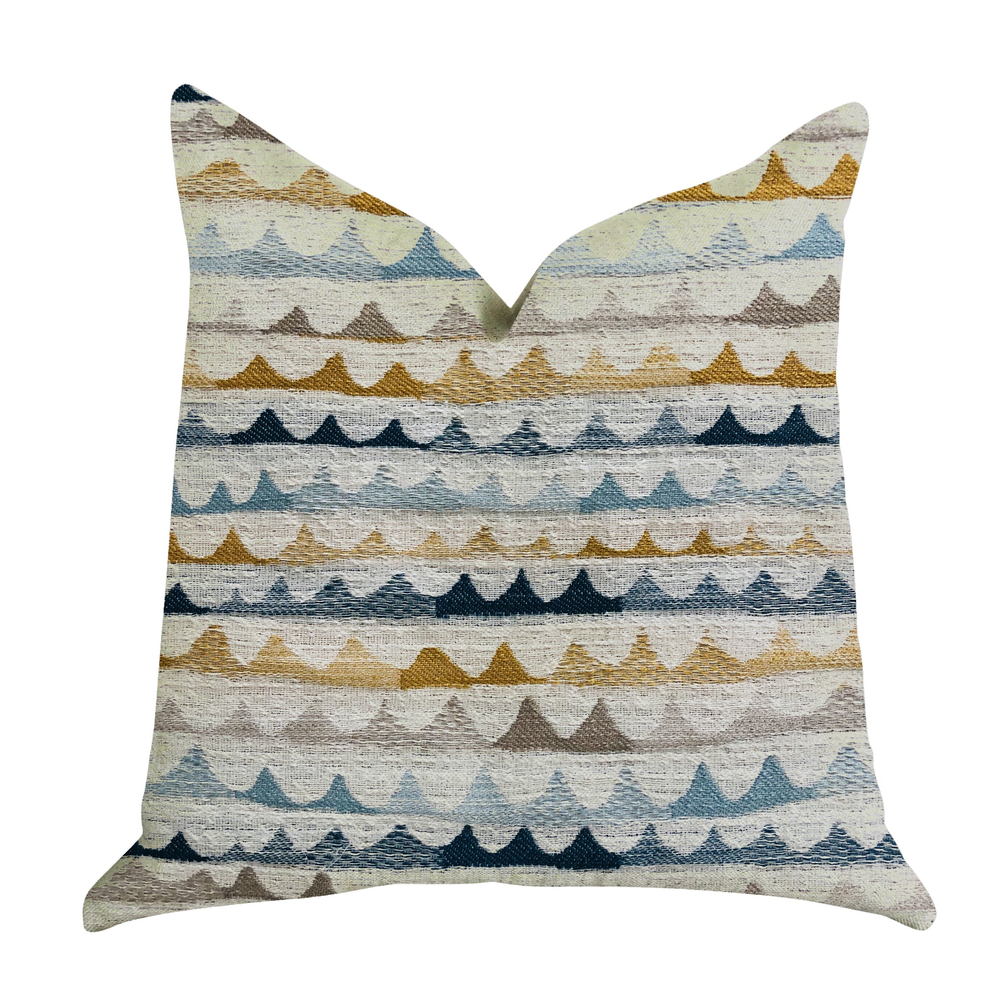 Caspian Rush patterned luxury throw pillow in brown, blue, and gray, showcasing elegant design and high-quality fabric.