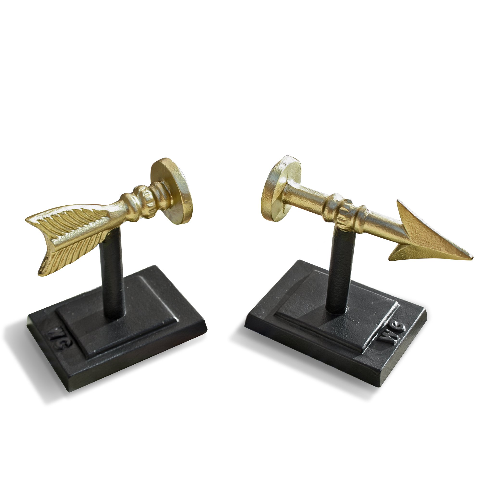 Stylish cast iron arrow bookends in gold and black, measuring 7 inches tall, elegantly holding books on a shelf.