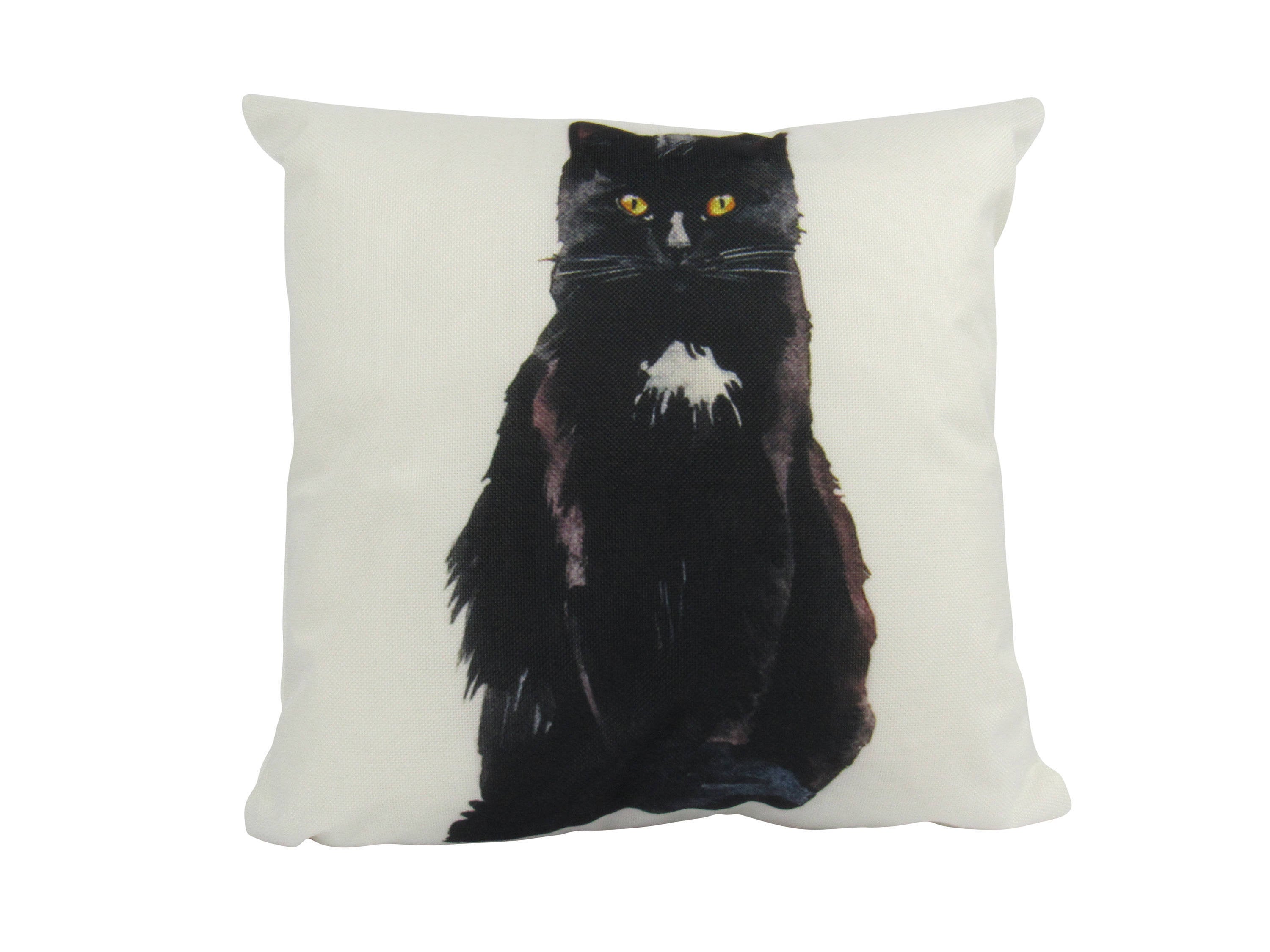 Handmade black cat pillow featuring a white patch on its chest, available in various sizes.