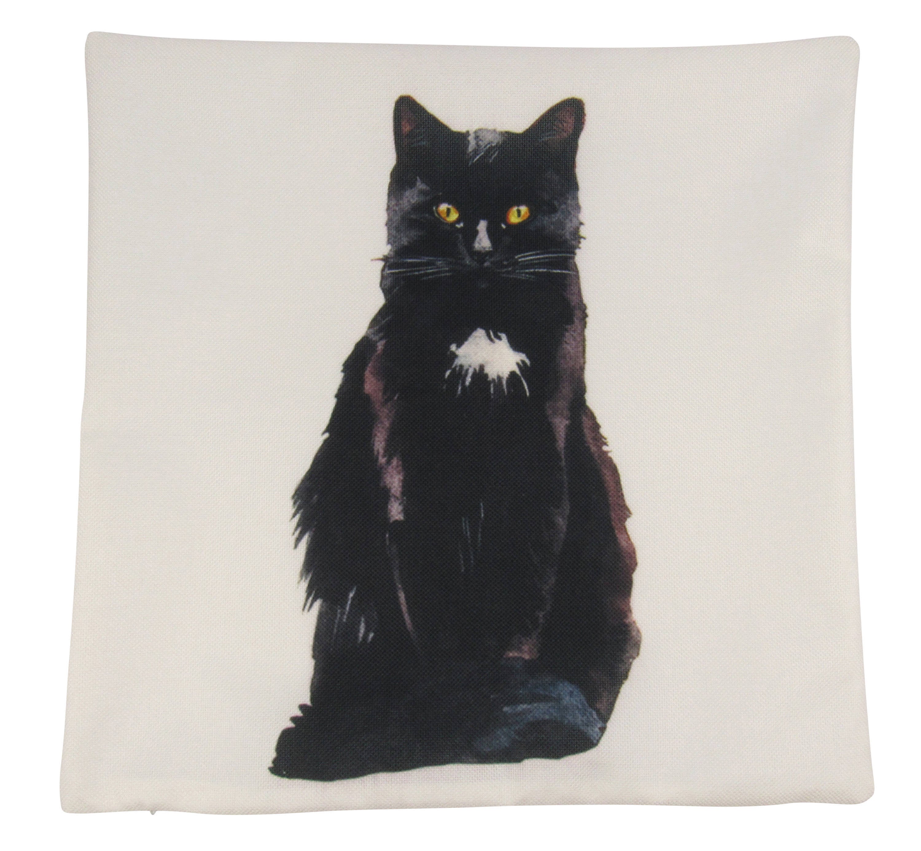 Handmade black cat pillow featuring a white patch on its chest, available in various sizes.