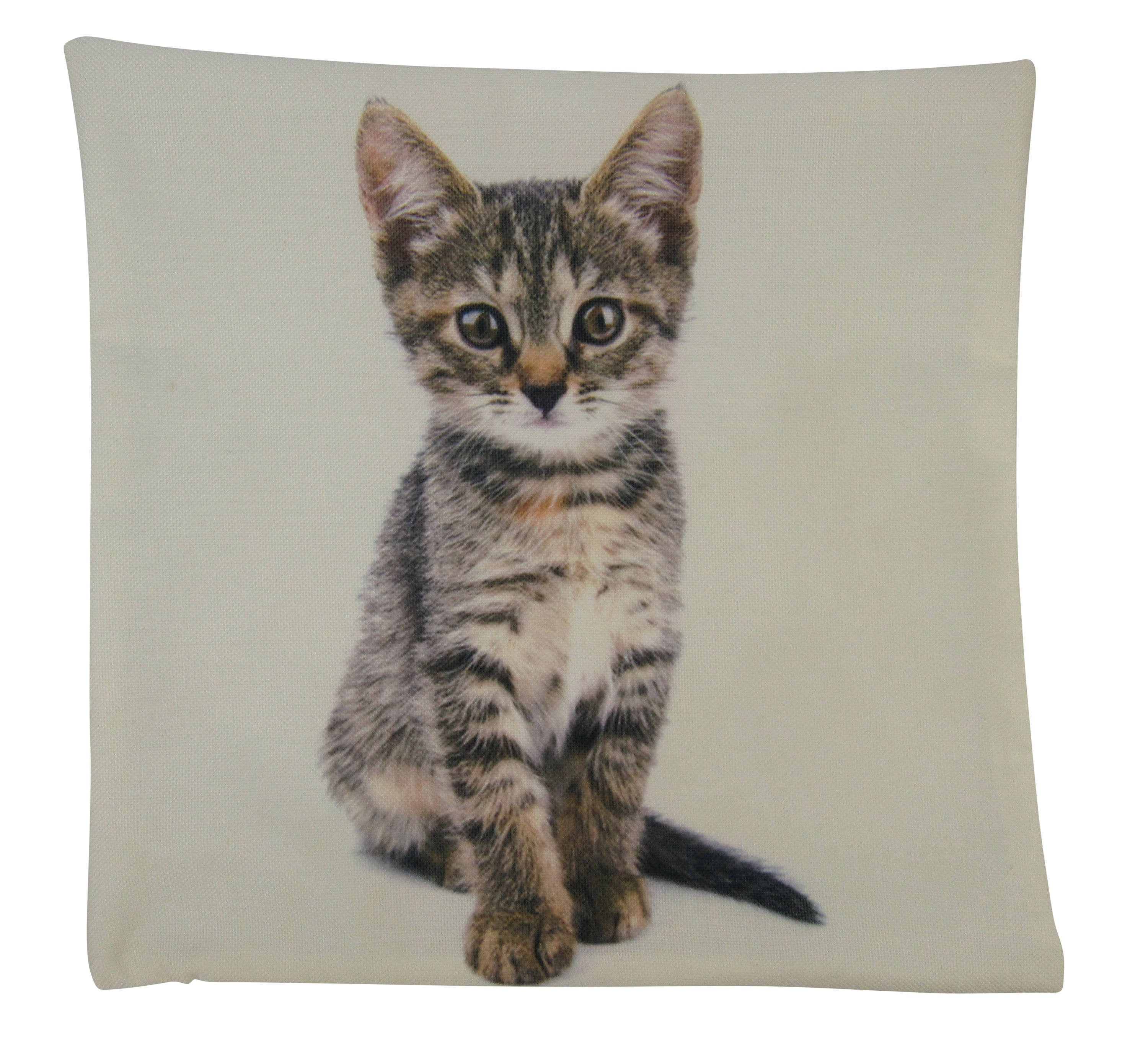 Handmade Calico Cat Pillow featuring a cute grey-toned kitten design with a concealed zipper, available in multiple sizes.