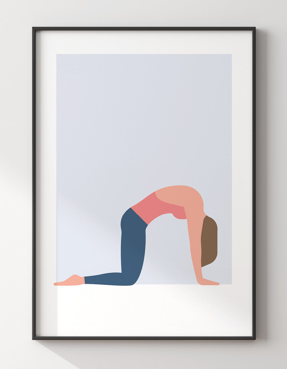 A minimalistic yoga print featuring the Cat Cow pose in soothing pastel colors, ideal for home studio decor.