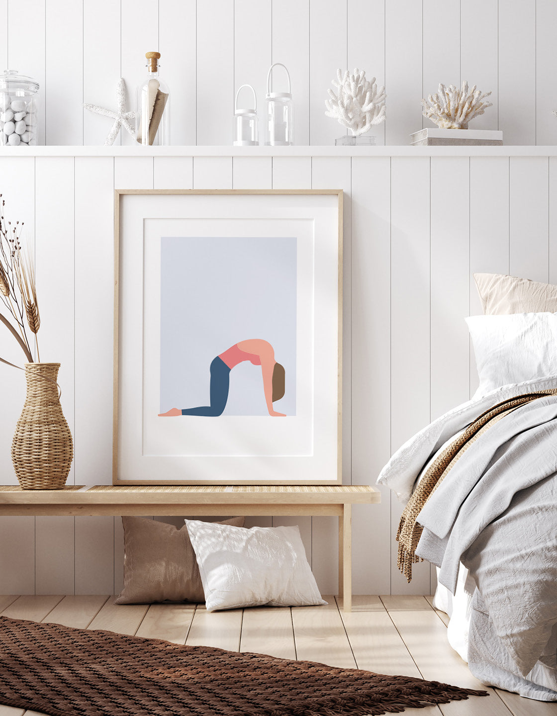 A minimalistic yoga print featuring the Cat Cow pose in soothing pastel colors, ideal for home studio decor.