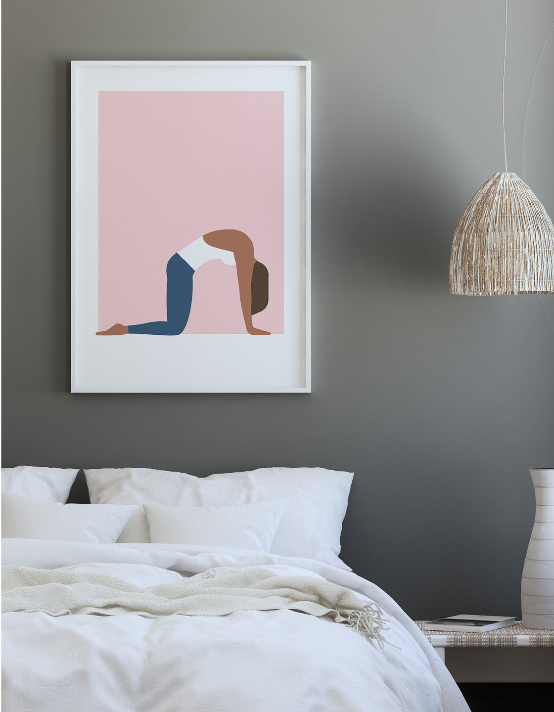 A minimalistic yoga print featuring the Cat Cow pose in soothing pastel colors, ideal for home studio decor.