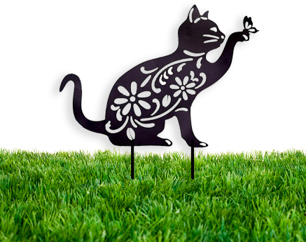 A decorative metal cat garden stake featuring a whimsical cat design, crafted from durable powder-coated steel, perfect for outdoor decor.