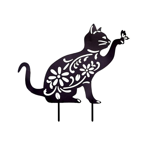 A decorative metal cat garden stake featuring a whimsical cat design, crafted from durable powder-coated steel, perfect for outdoor decor.