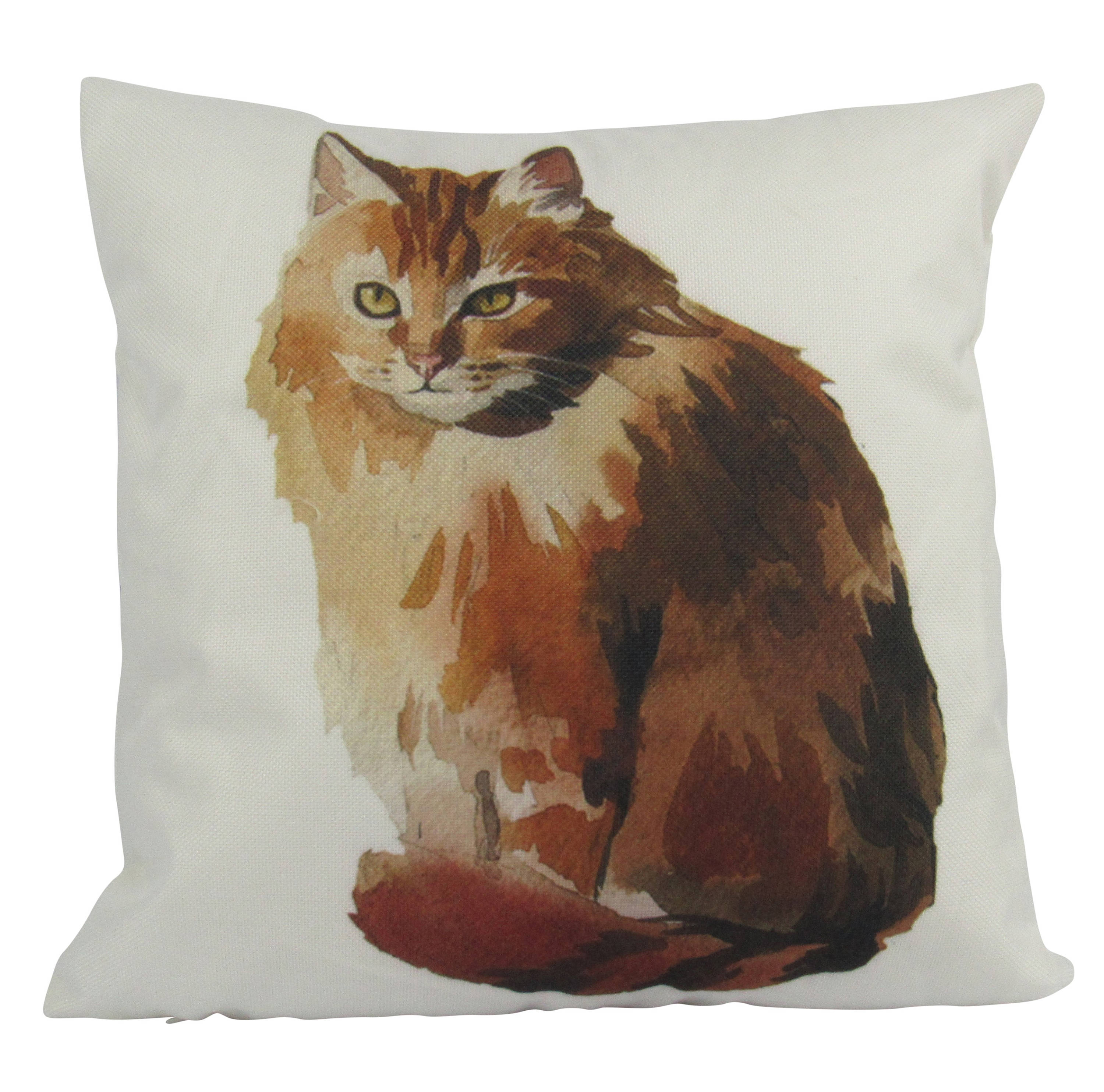 Handmade cat pillow featuring a watercolor ginger cat design on a white background, showcasing quality craftsmanship and vibrant colors.