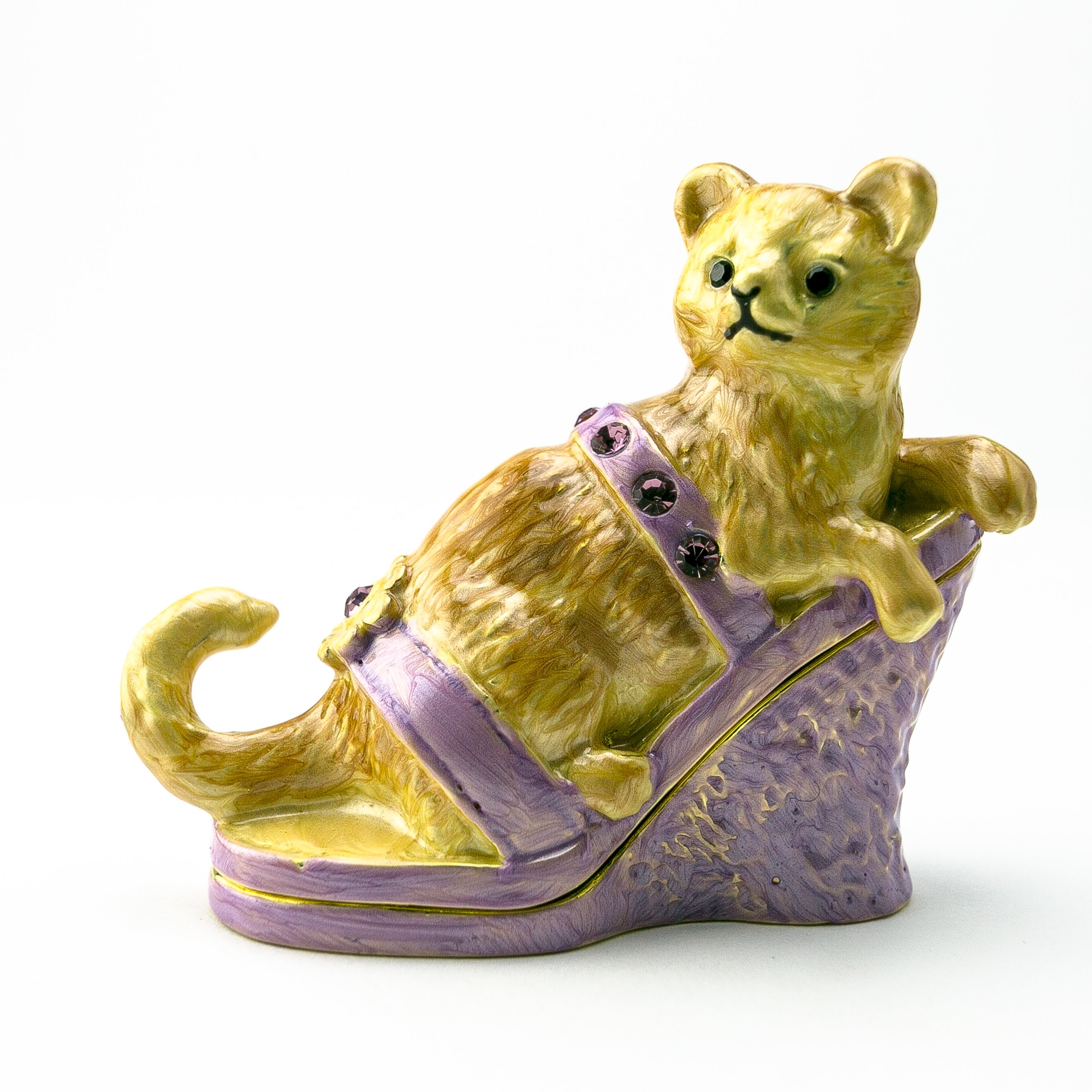 Handmade enamel trinket box featuring a cat sitting on an evening shoe, adorned with Austrian crystals and plated with gold or silver.