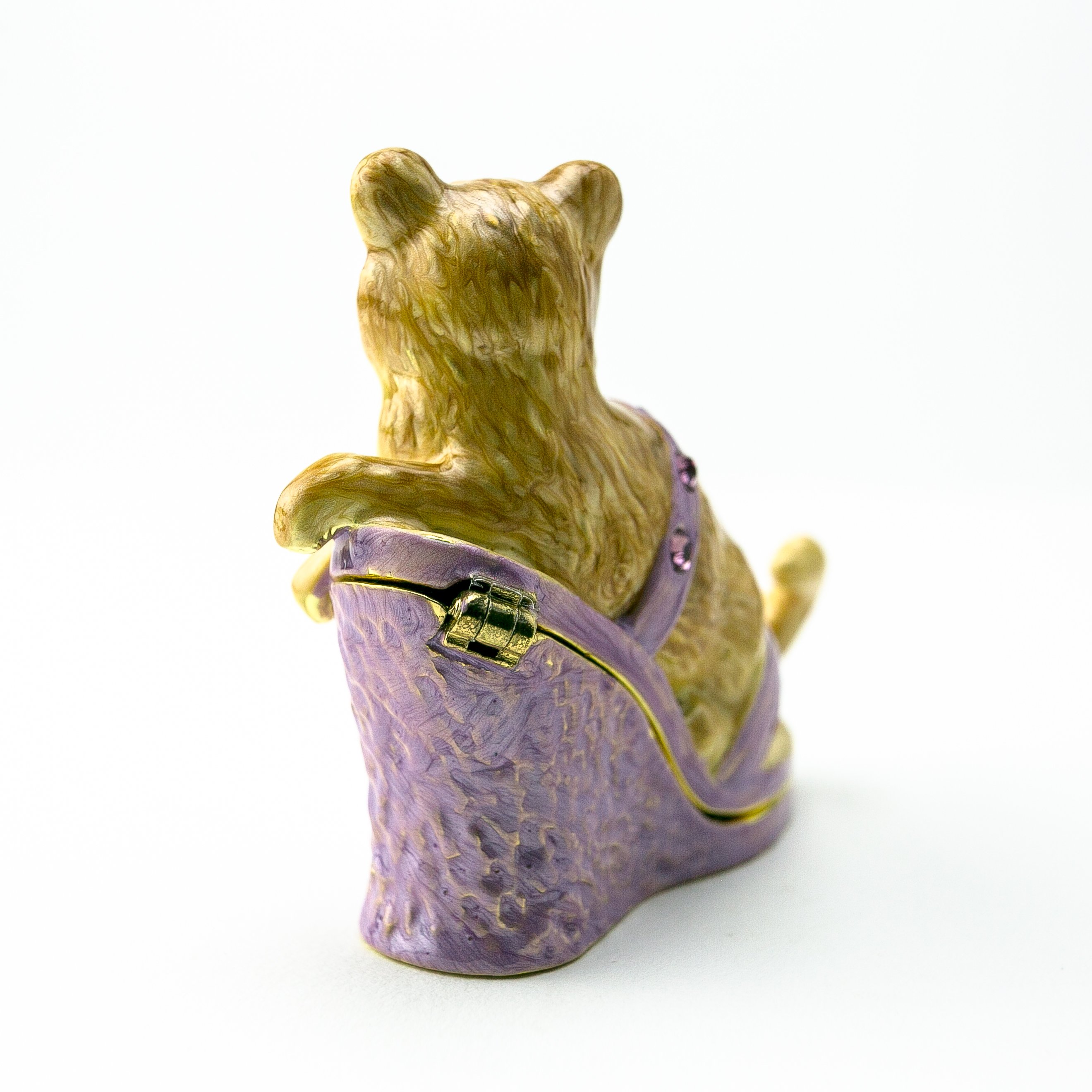 Handmade enamel trinket box featuring a cat sitting on an evening shoe, adorned with Austrian crystals and plated with gold or silver.