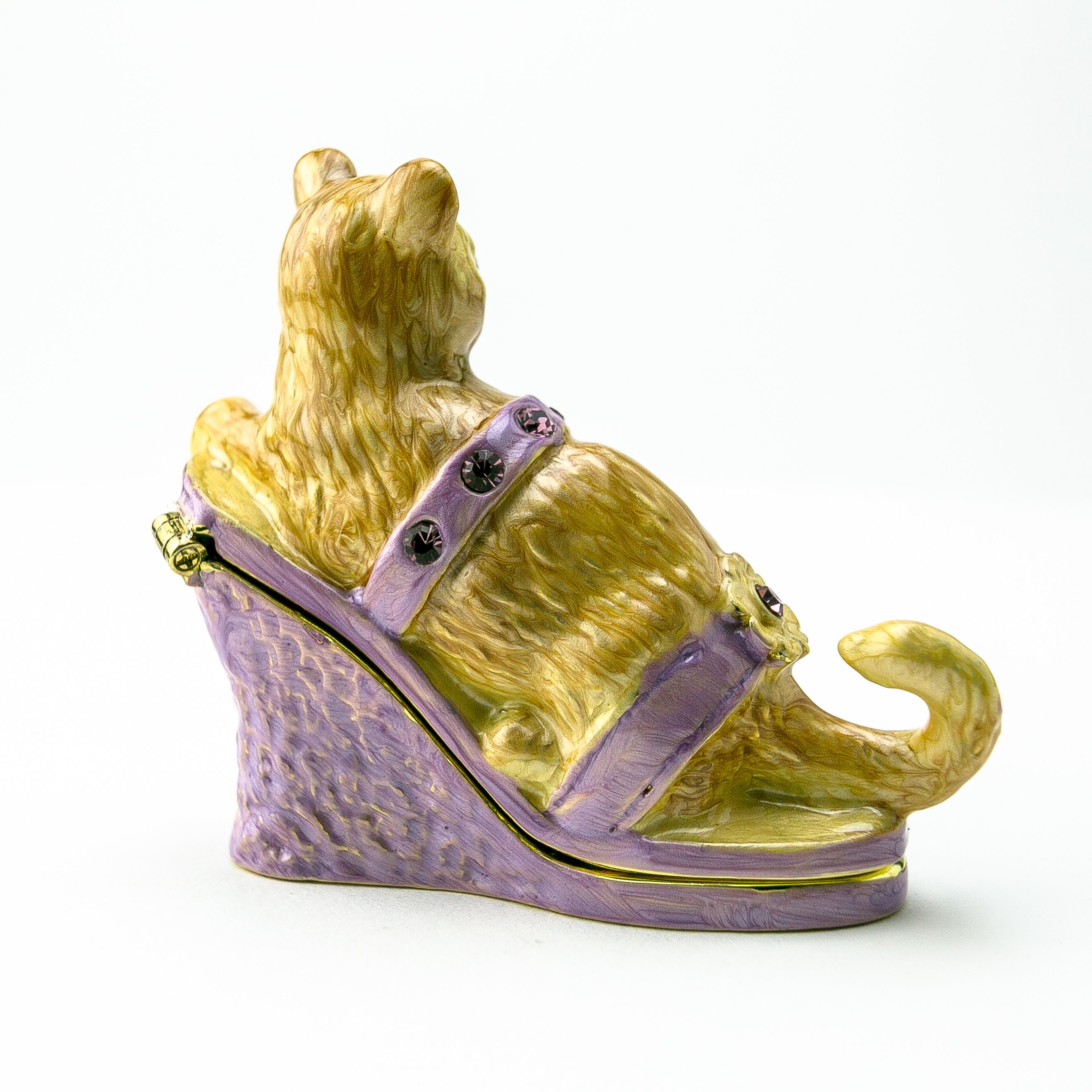 Handmade enamel trinket box featuring a cat sitting on an evening shoe, adorned with Austrian crystals and plated with gold or silver.