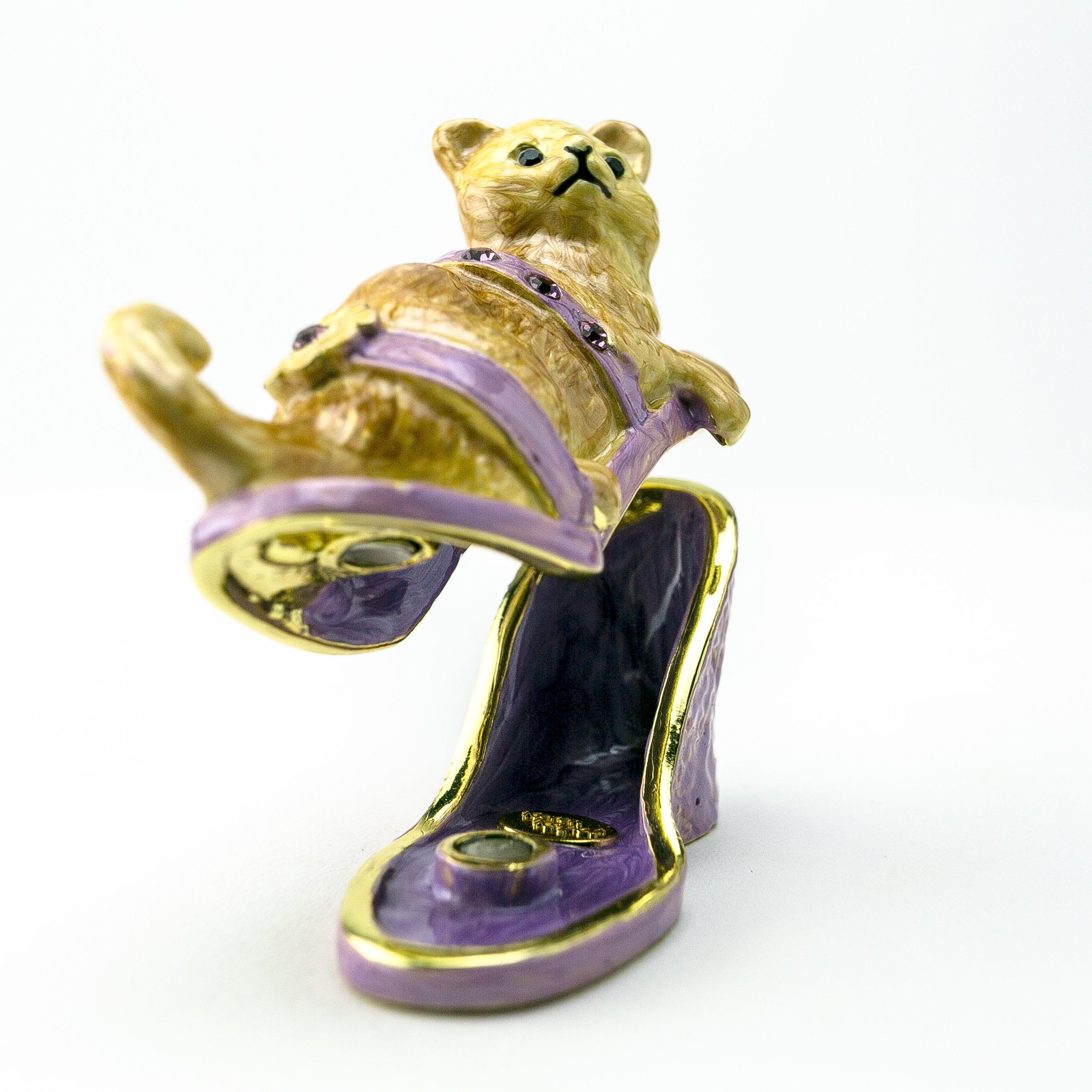 Handmade enamel trinket box featuring a cat sitting on an evening shoe, adorned with Austrian crystals and plated with gold or silver.