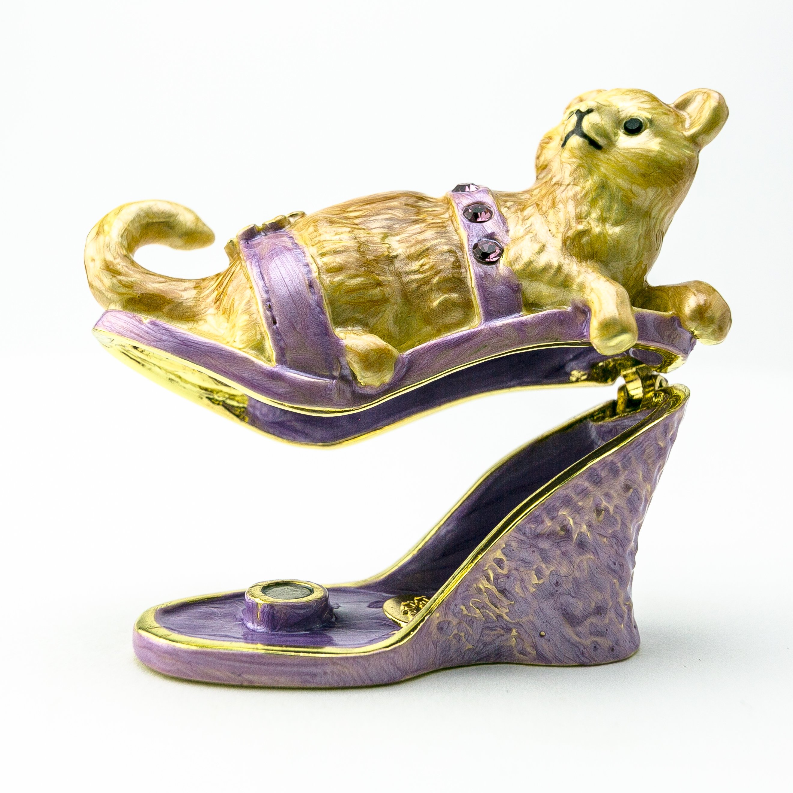 Handmade enamel trinket box featuring a cat sitting on an evening shoe, adorned with Austrian crystals and plated with gold or silver.