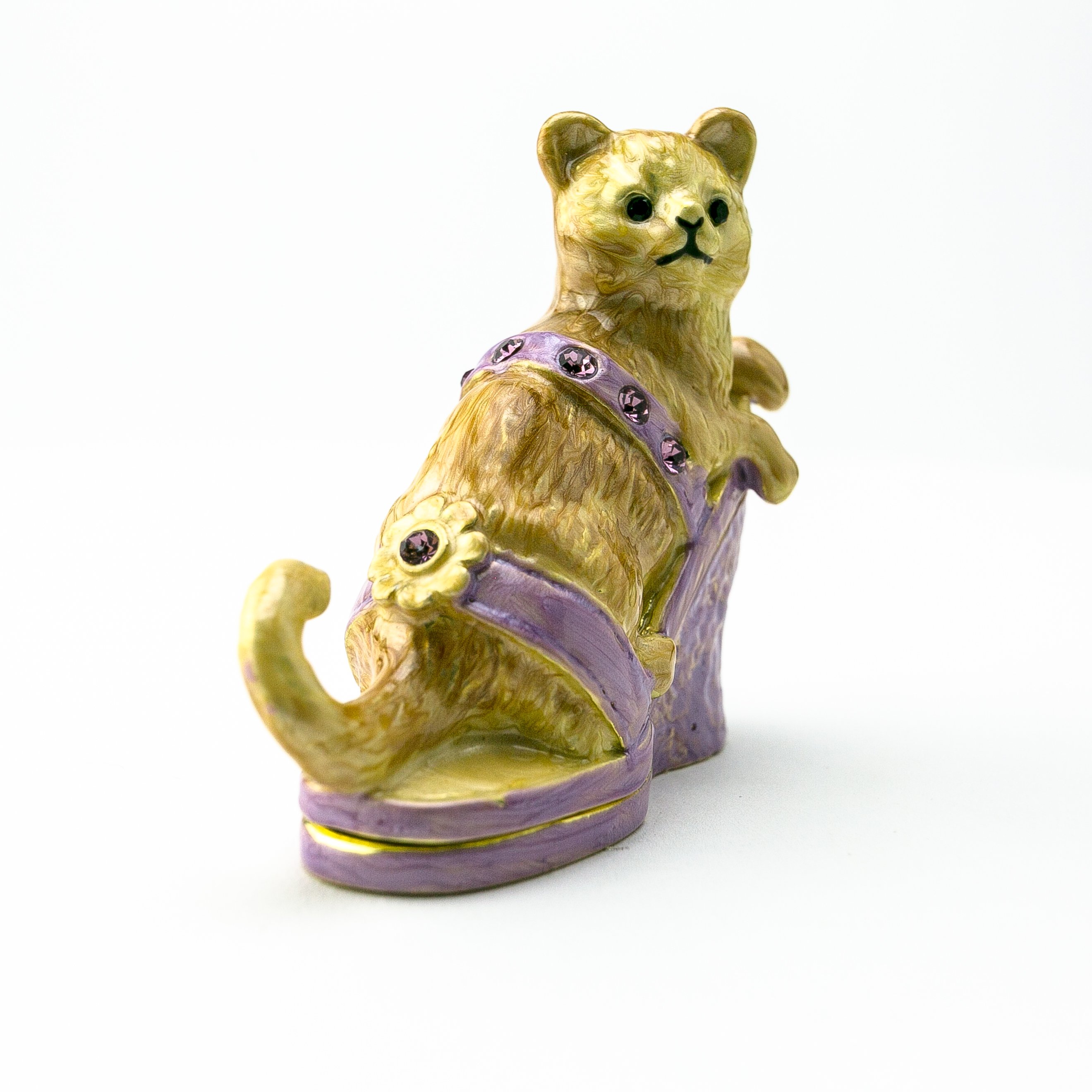 Handmade enamel trinket box featuring a cat sitting on an evening shoe, adorned with Austrian crystals and plated with gold or silver.