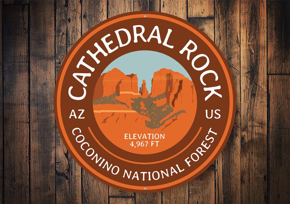 A beautifully crafted Cathedral Rock Sign made of durable aluminum, featuring customizable text options, ideal for home decor.