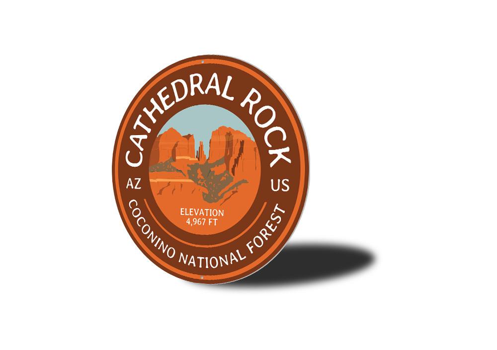 A beautifully crafted Cathedral Rock Sign made of durable aluminum, featuring customizable text options, ideal for home decor.