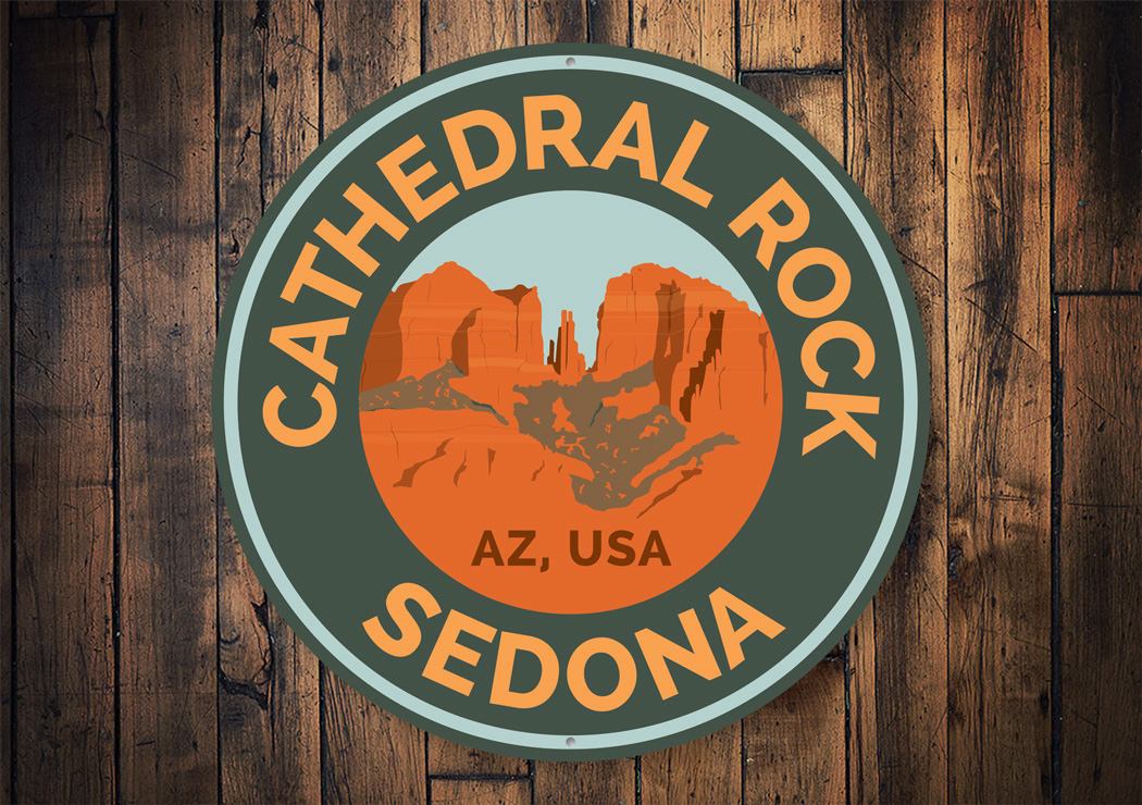 Cathedral Rock Trail Sign made of high-quality aluminum, featuring customizable text and pre-drilled holes for easy mounting.