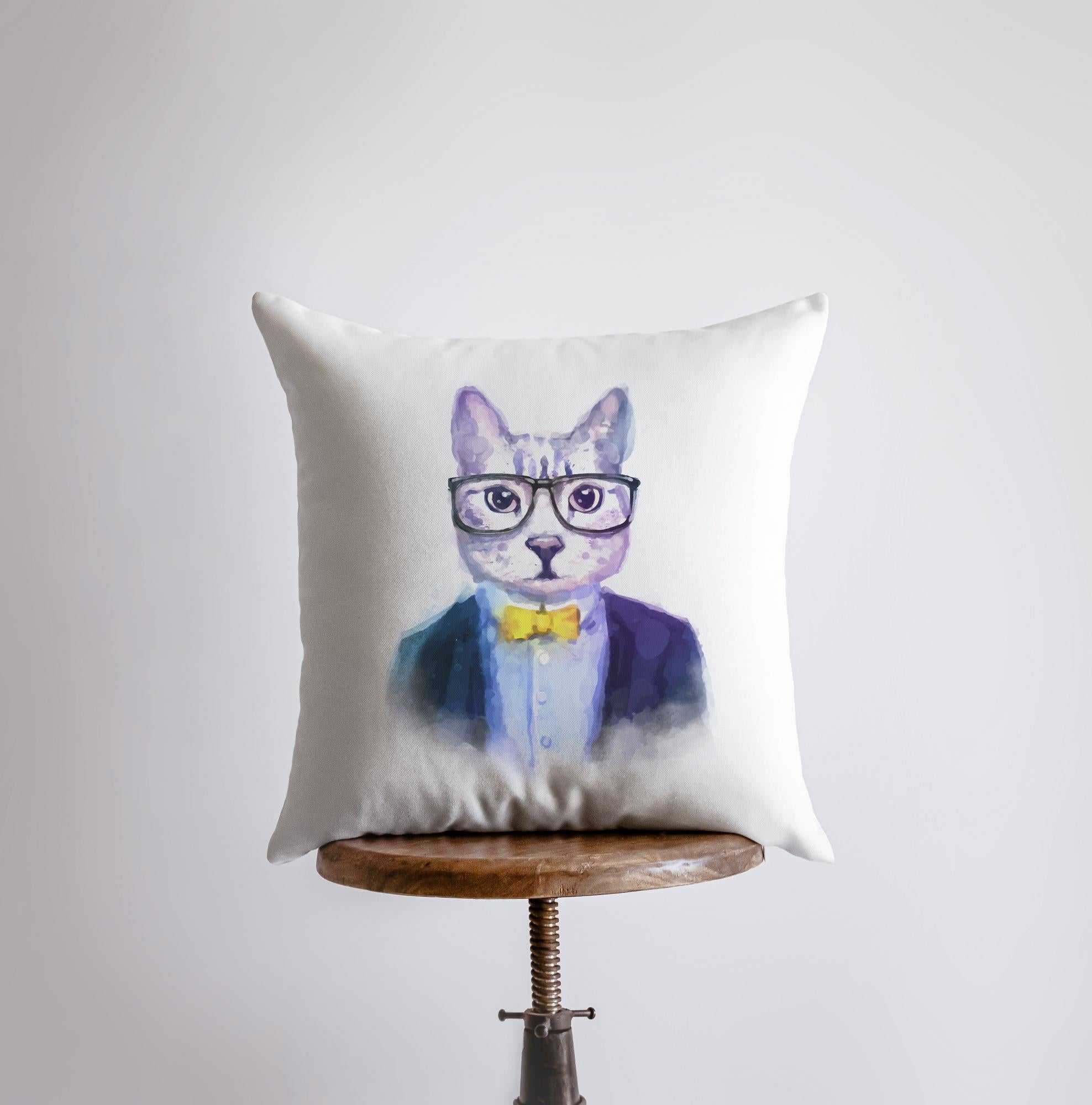 Hipster Cat Pillow Cover featuring a smug cat in a suit and glasses, made from durable cotton/polyester blend with concealed zipper.