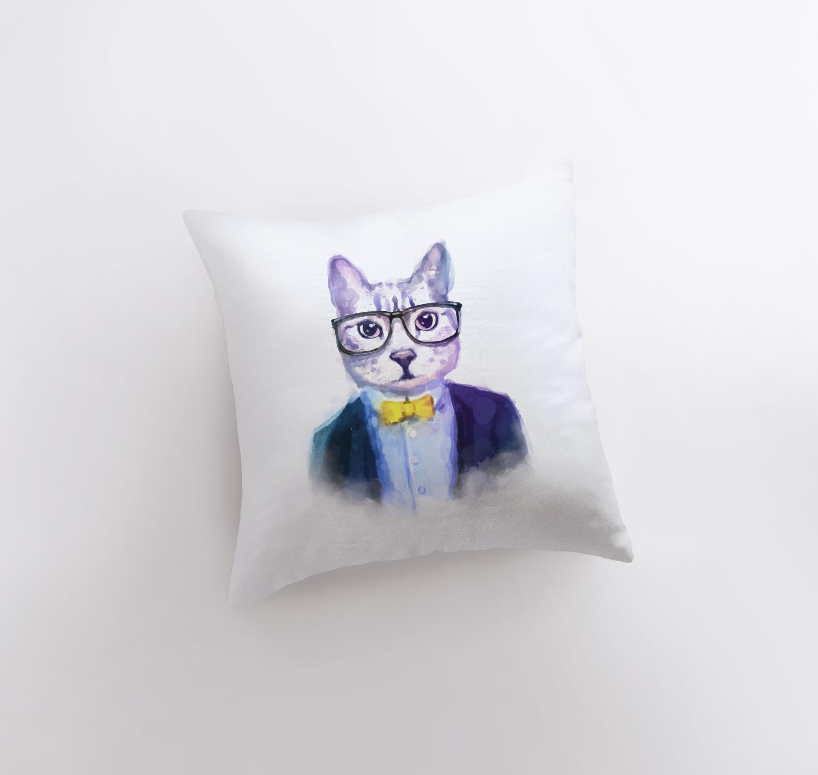 Hipster Cat Pillow Cover featuring a smug cat in a suit and glasses, made from durable cotton/polyester blend with concealed zipper.