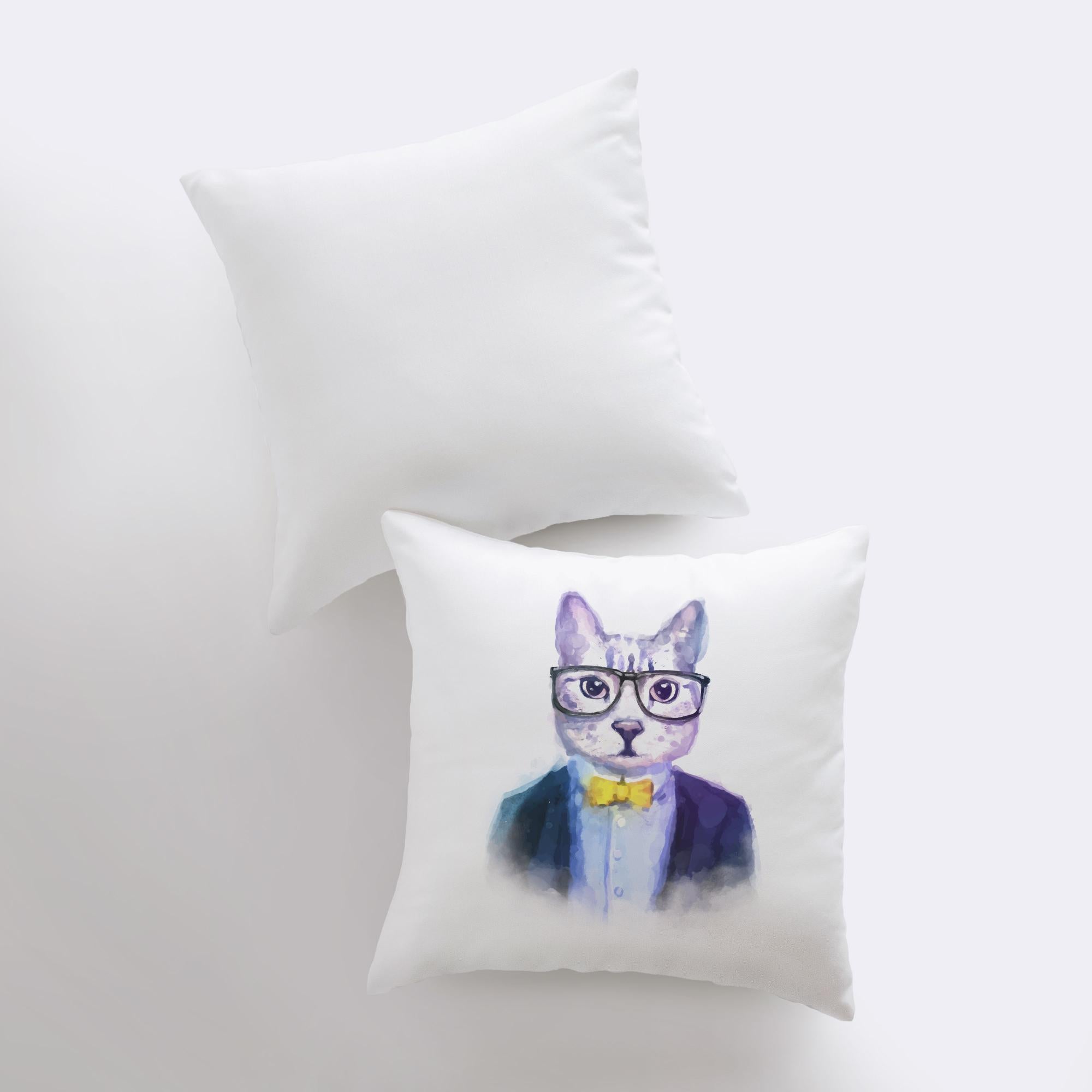 Hipster Cat Pillow Cover featuring a smug cat in a suit and glasses, made from durable cotton/polyester blend with concealed zipper.