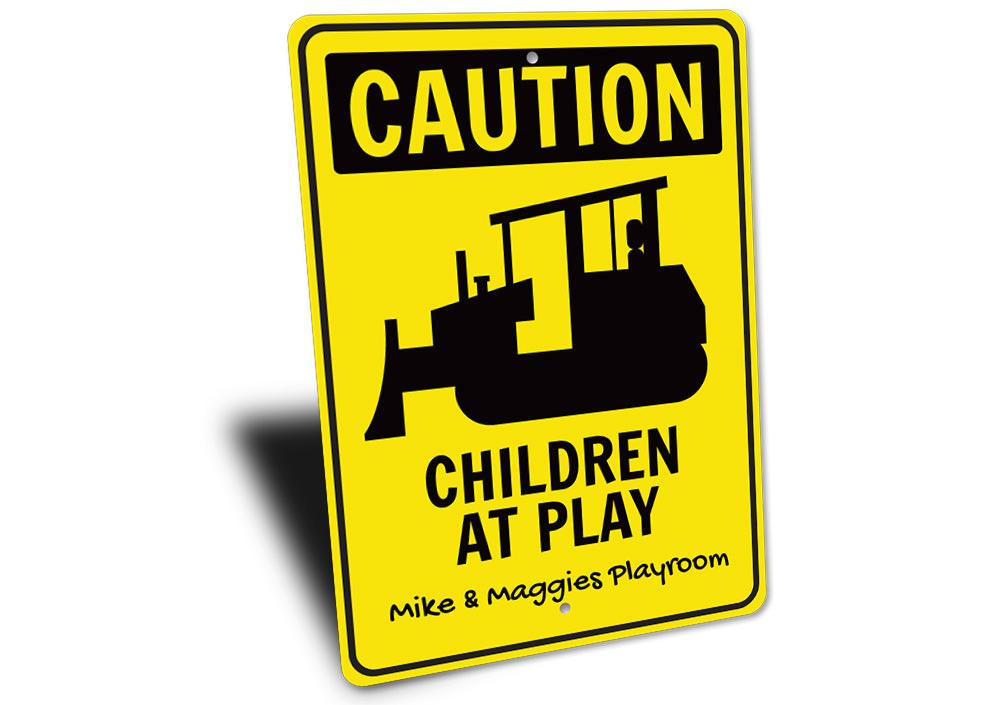 Caution Playroom Sign made of high-quality aluminum, featuring vibrant colors and customizable text, perfect for children's rooms.