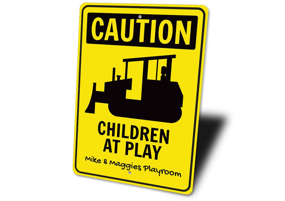 Caution Playroom Sign made of high-quality aluminum, featuring vibrant colors and customizable text, perfect for children's rooms.