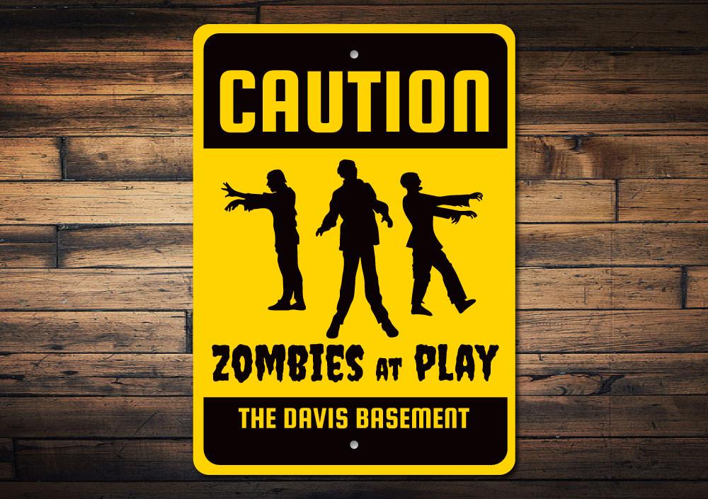 Caution Zombie Sign made of high-quality aluminum, featuring spooky graphics perfect for Halloween decorations.