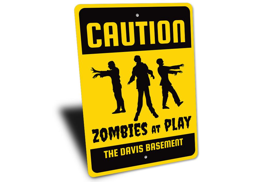 Caution Zombie Sign made of high-quality aluminum, featuring spooky graphics perfect for Halloween decorations.