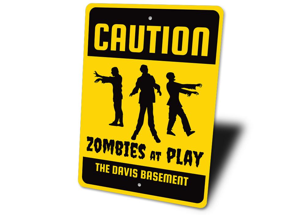 Caution Zombie Sign made of high-quality aluminum, featuring spooky graphics perfect for Halloween decorations.