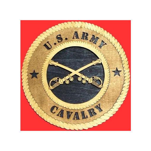 Handcrafted wooden Cavalry Wall Tribute plaque featuring a 3D design of the United States Cavalry emblem.