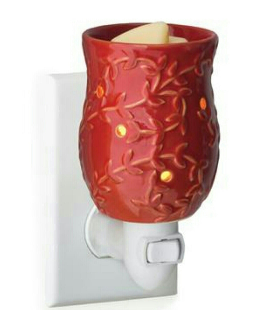 Cayenne Pluggable Warmer with red reactive glaze and vine pattern, designed for vertical and horizontal outlets.