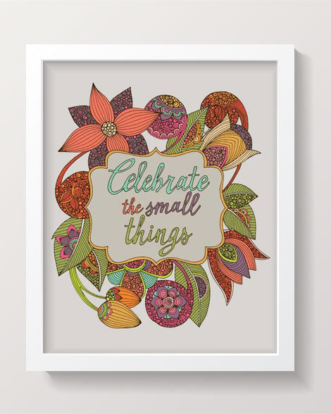 Archival art print titled 'Celebrate the Small Things' featuring original pen and ink art with vibrant digital coloring, measuring 8x10 inches.