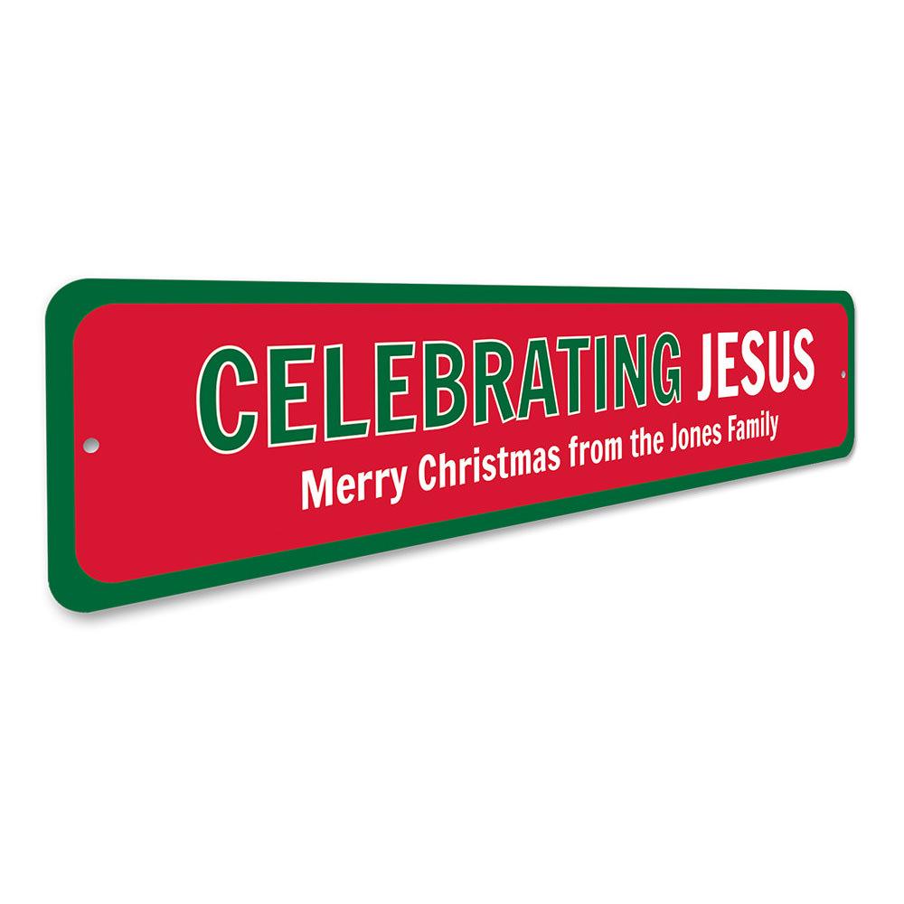 A decorative Celebrating Jesus Sign made of high-quality aluminum, featuring festive designs suitable for Christmas decorations.