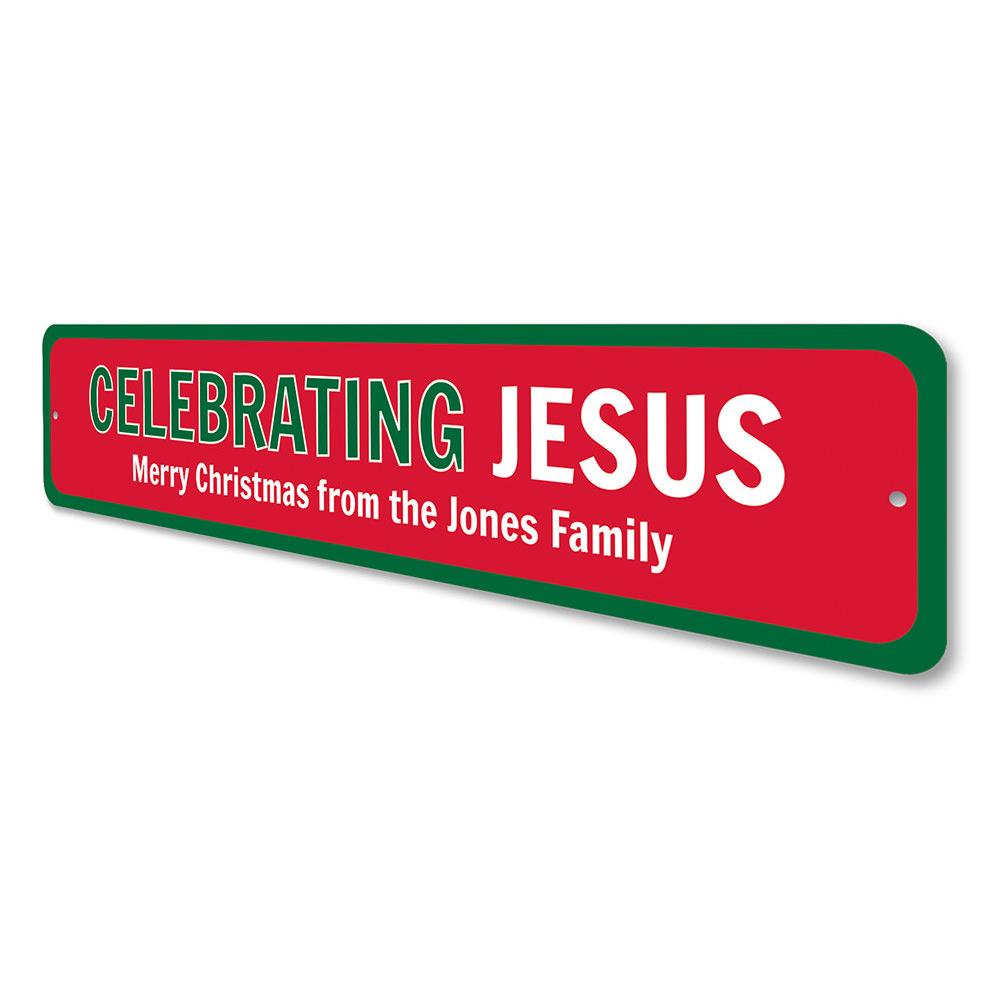 A decorative Celebrating Jesus Sign made of high-quality aluminum, featuring festive designs suitable for Christmas decorations.