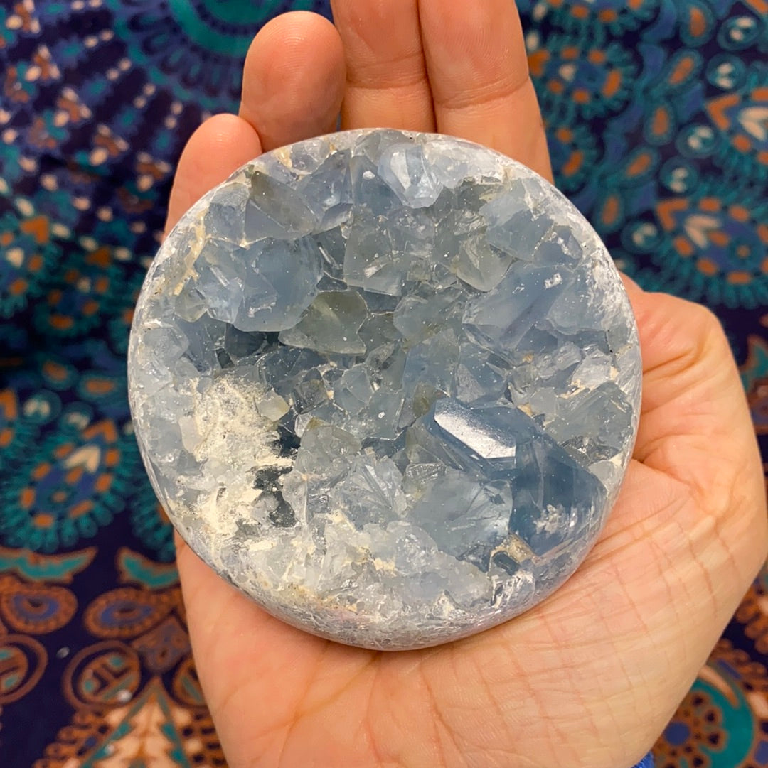 Celestite Geode Sphere #4 showcasing its beautiful blue crystals and geode formation, perfect for meditation and energy work.