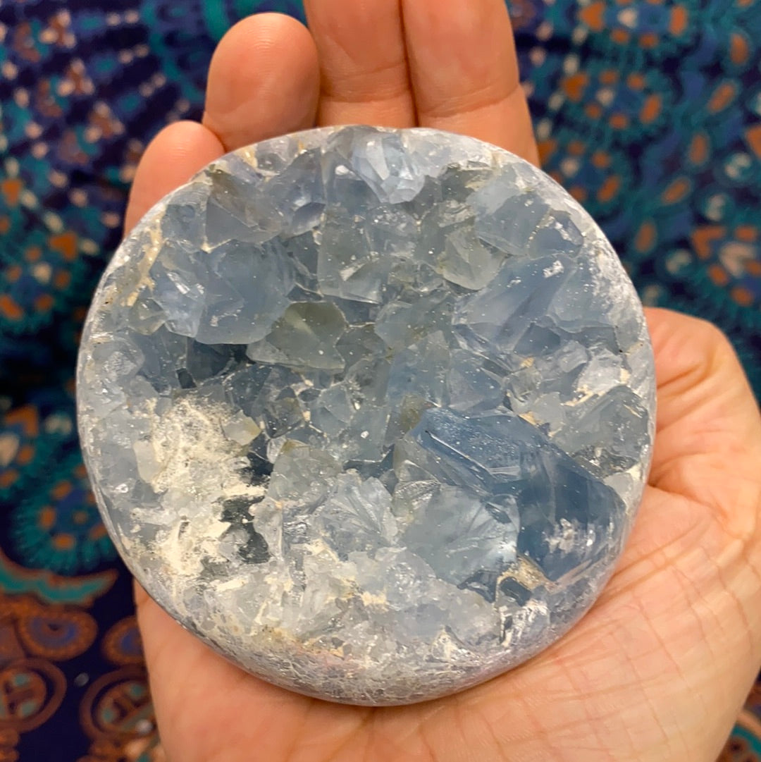 Celestite Geode Sphere #4 showcasing its beautiful blue crystals and geode formation, perfect for meditation and energy work.