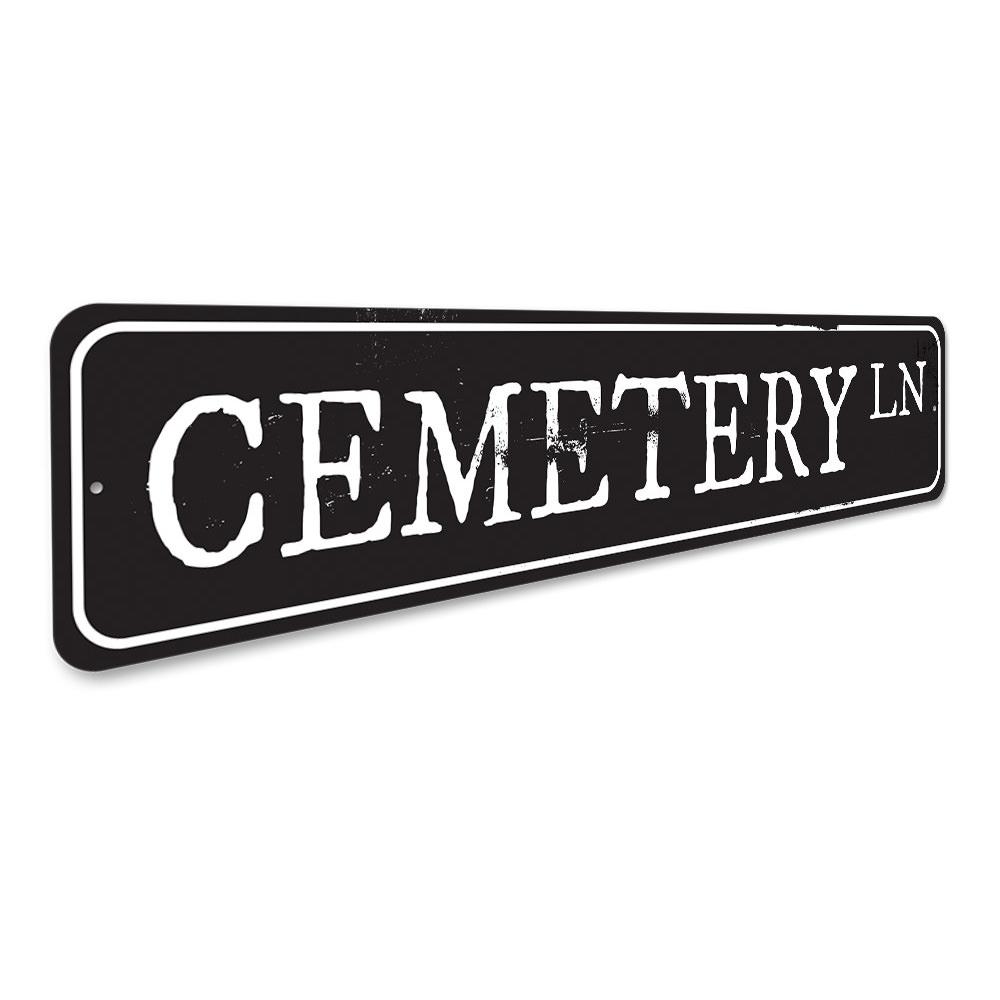 Cemetery Lane Sign featuring spooky Halloween design, made of durable aluminum with pre-drilled holes for easy mounting.