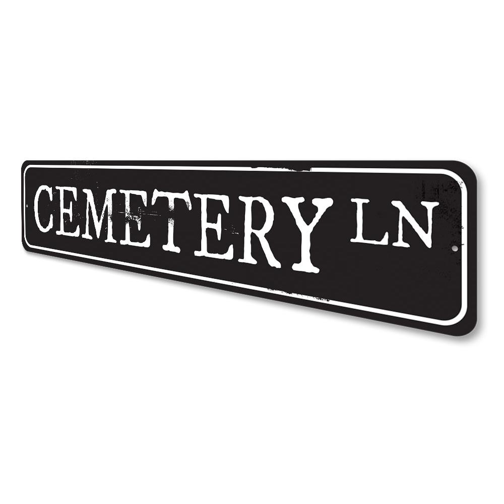 Cemetery Lane Sign featuring spooky Halloween design, made of durable aluminum with pre-drilled holes for easy mounting.