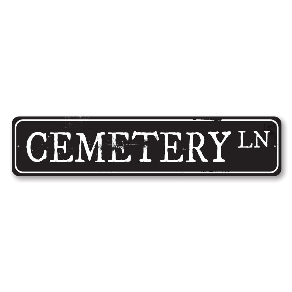 Cemetery Lane Sign featuring spooky Halloween design, made of durable aluminum with pre-drilled holes for easy mounting.