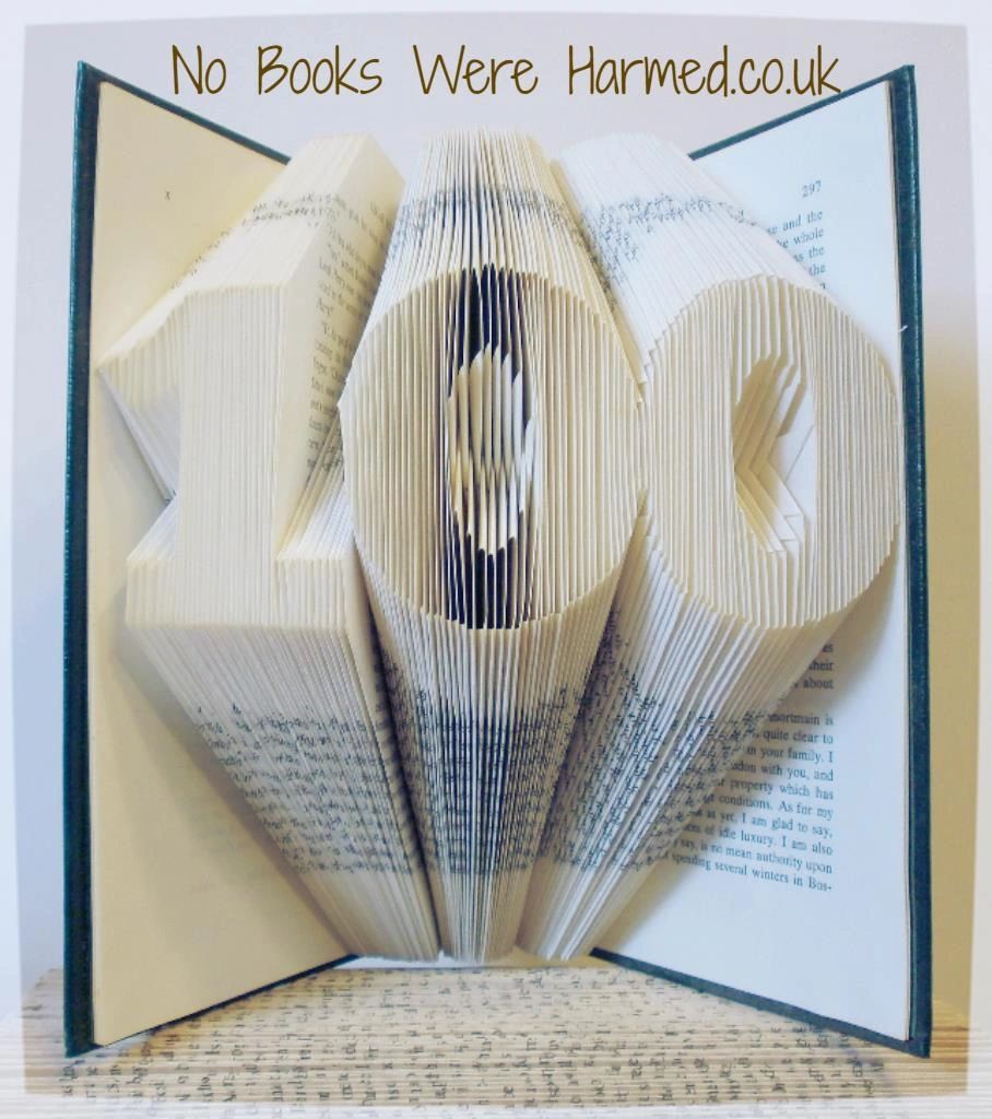 Hand-folded book art featuring customizable triple milestone numbers from vintage books.