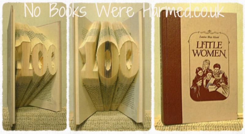 Hand-folded book art featuring customizable triple milestone numbers from vintage books.