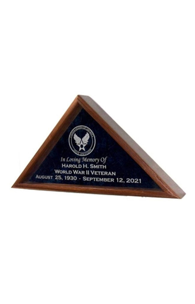 Engraved casket flag case made of solid wood with a double-strength glass front and crushed velvet back, showcasing a military service emblem.