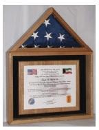 Elegant wood display case for 5x9.5 flag and certificate, showcasing military or sports memorabilia.