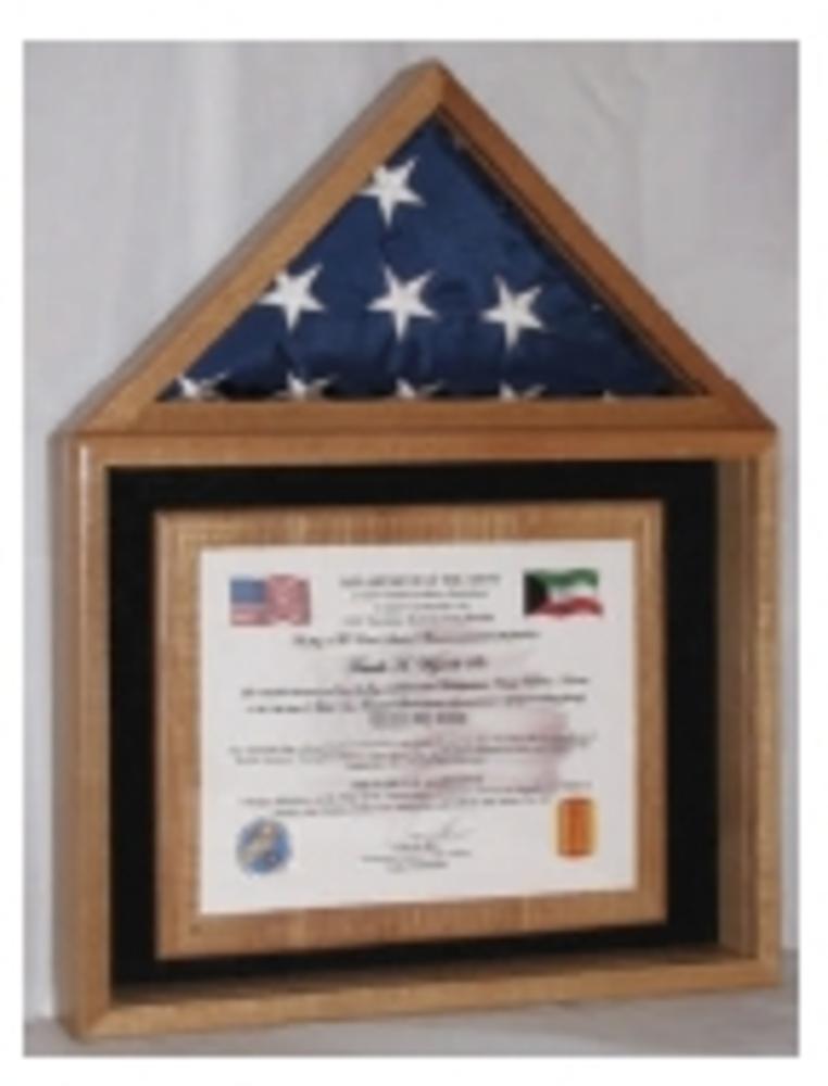 Elegant wooden display case for American flag and certificate, showcasing military or sports memorabilia.