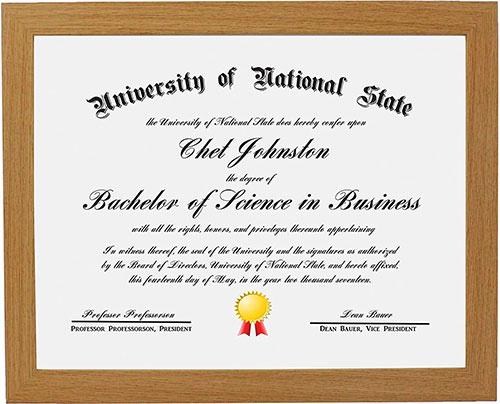 Elegant Certificate and Document Frame with wide molding, showcasing a diploma and featuring a natural oak finish.